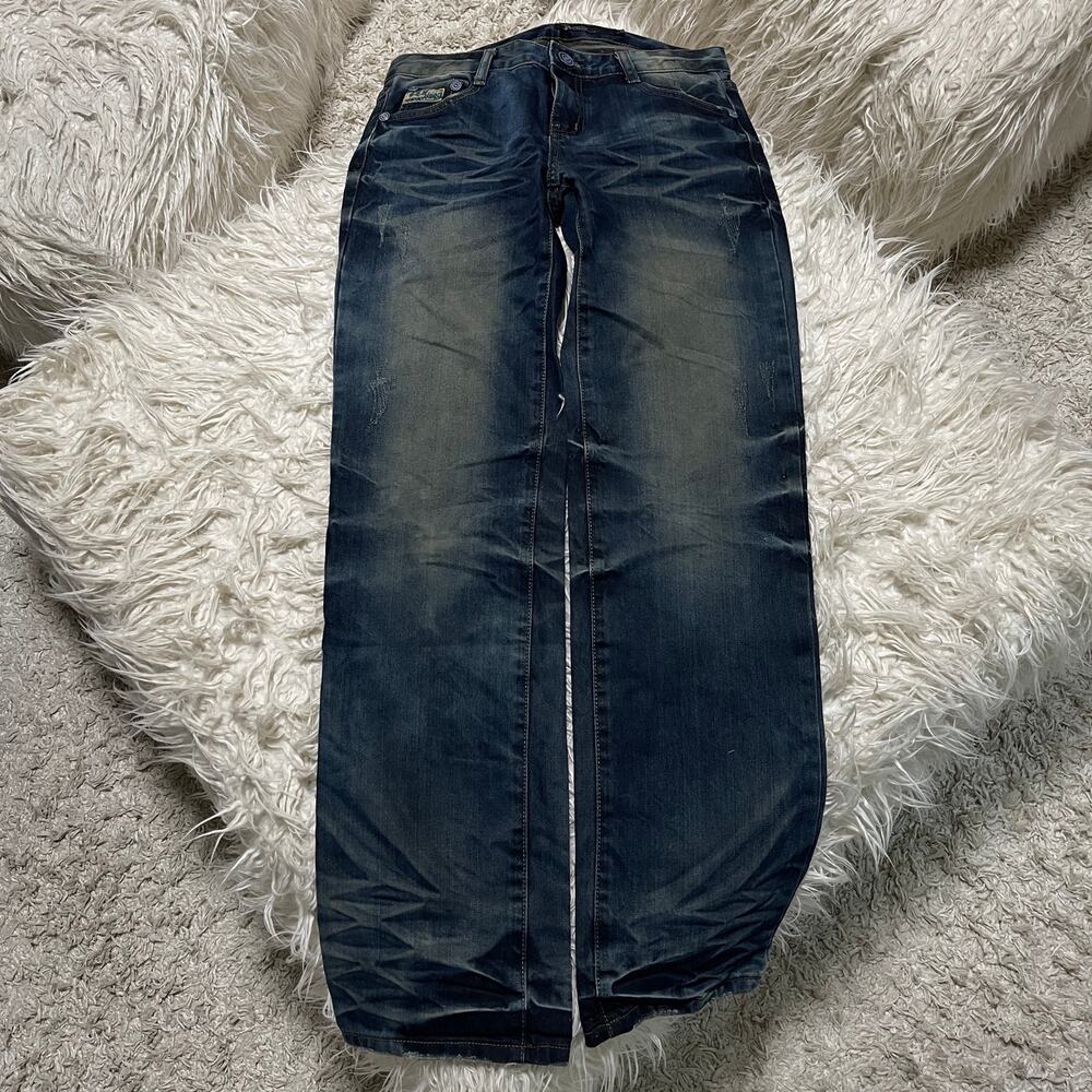 Vintage Japanese Brand Faded Wash Low-rise Denim Jeans Navy Blue Beige size 29